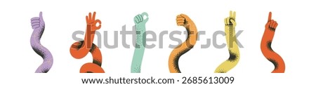 Set of flexible cartoons making gestures with index finger, pointing, victory, fist and OK icon. Retro cartoon illustration in factory style.
