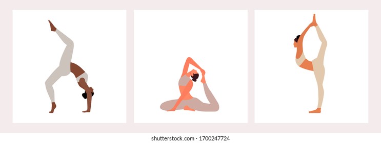 Set of flexible people practicing yoga flat vector cartoon character illustration