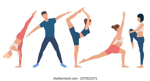 Set of flexible people in various positions. Group of female and male flat vector cartoon characters on white background. Can be used for advertisement, promo, sport training