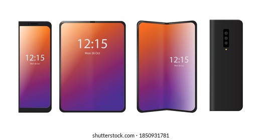 Set of flexible phone with glossy touch screen open and folded in different ways, realistic mockup vector illustration isolated on white background. Flexible cell phone.