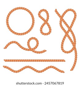 Set of flexible ropes in cartoon style. Vector illustration of ropes of different shapes: knot, twisted, circle, straight, wave, figure eight, isolated on white background. Cords for household use.