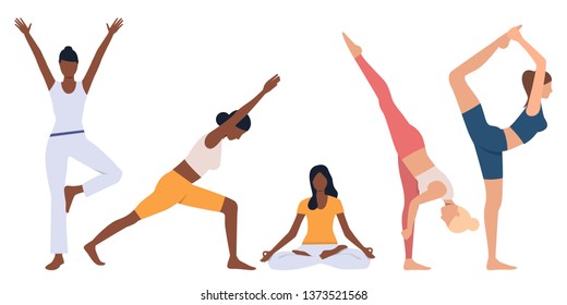 Set of flexible women practicing yoga. Crowd of female cartoon characters doing exercises. Vector illustration for presentation, sport, activity