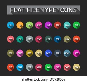 Set of flie type flat icons with long shadow for smartphones, tablets, devices, user interface, applications. Clean and modern style design