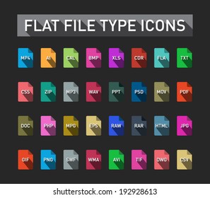 Set of flie type flat icons with long shadow for smartphones, tablets, devices, user interface, applications. Clean and modern style design