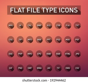 Set of flie type flat icons with long shadow for smartphones, tablets, devices, user interface, applications. Clean and modern style design