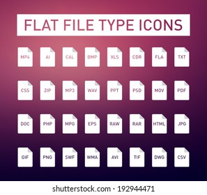 Set of flie type flat icons with long shadow for smartphones, tablets, devices, user interface, applications. Clean and modern style design