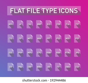 Set of flie type flat icons with long shadow for smartphones, tablets, devices, user interface, applications. Clean and modern style design