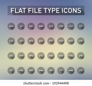 Set of flie type flat icons with long shadow for smartphones, tablets, devices, user interface, applications. Clean and modern style design