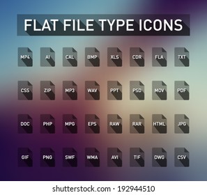 Set of flie type flat icons with long shadow for smartphones, tablets, devices, user interface, applications. Clean and modern style design