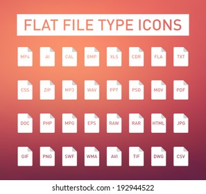 Set of flie type flat icons with long shadow for smartphones, tablets, devices, user interface, applications. Clean and modern style design