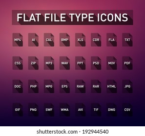 Set of flie type flat icons with long shadow for smartphones, tablets, devices, user interface, applications. Clean and modern style design