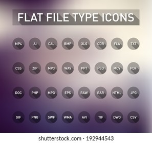 Set of flie type flat icons with long shadow for smartphones, tablets, devices, user interface, applications. Clean and modern style design