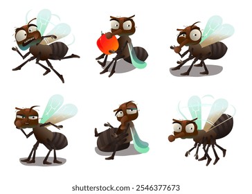 Set of flies. Dirty insect. Animal parasite. Object isolated on white background. Cartoon fun style Illustration vector