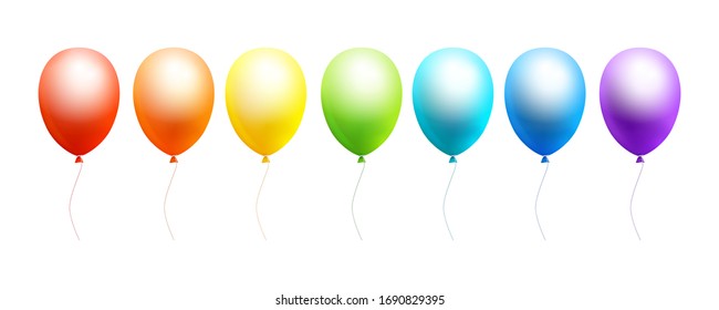 Juego de globos de helio en color arcoiris 3D sobre fondo blanco. Elementos de diseño de color realistas en rojo, naranja, amarillo, verde, azul, violeta. Ilustración vectorial.