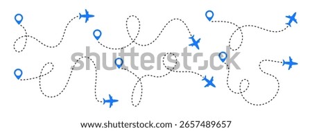 Set of flight, airplane, path travel route with start point and dash line trace vector illustration