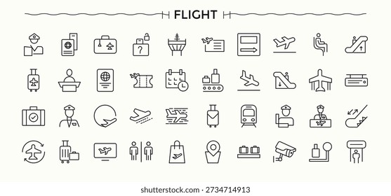 Set of Flight line icon. Pictograms of airplane, landing, aviation, plane and more. Minimal icons set. Aviation line icon set. Editable vector art.