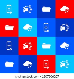 Set Flight mode in the mobile, Car sharing, Folder and Music streaming service icon. Vector.