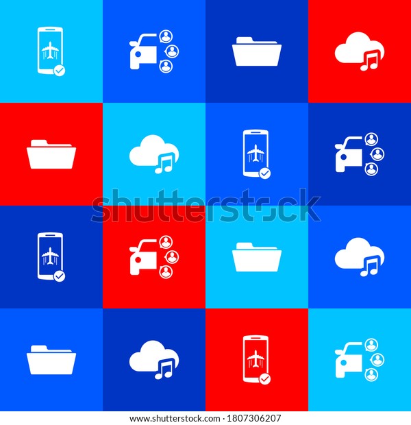 Set Flight mode in the mobile, Car\
sharing, Folder and Music streaming service icon.\
Vector.