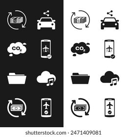 Set Flight mode in the mobile, CO2 emissions cloud, Refund money, Car sharing, Folder and Music streaming service icon. Vector