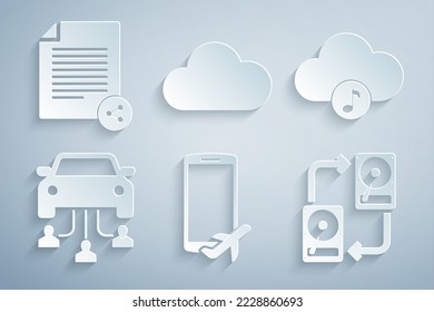 Set Flight mode in the mobile, Music streaming service, Car sharing, Data exchange with hhd, and Share file icon. Vector