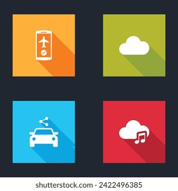 Ajuste el modo de vuelo en el móvil, servicio de streaming de música, uso compartido de coches e icono. Vector