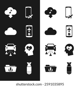 Set Flight mode in the mobile, Music streaming service, Cloud download music, , Car sharing and Head with heartbeat icon. Vector