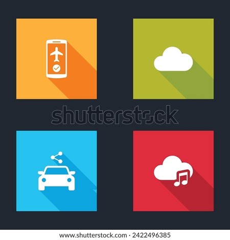 Set Flight mode in the mobile, Music streaming service, Car sharing and  icon. Vector
