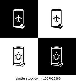 Set Flight mode in the mobile phone icons on black and white background. Airplane or aeroplane flight offline mode passenger regulation airline . Line, outline and linear icon. Vector Illustration