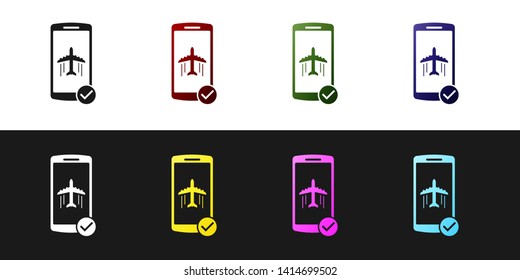 Set Flight mode in the mobile phone icon isolated on black and white background. Airplane or aeroplane flight offline mode passenger regulation airline . Vector Illustration
