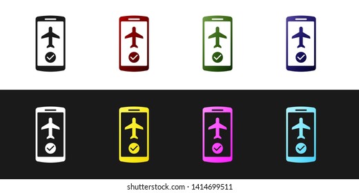 Set Flight mode in the mobile phone icon isolated on black and white background. Airplane or aeroplane flight offline mode passenger regulation airline . Vector Illustration