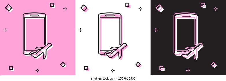 Set Flight mode in the mobile phone icon isolated on pink and white, black background. Airplane or aeroplane flight offline mode passenger regulation airline .  Vector Illustration
