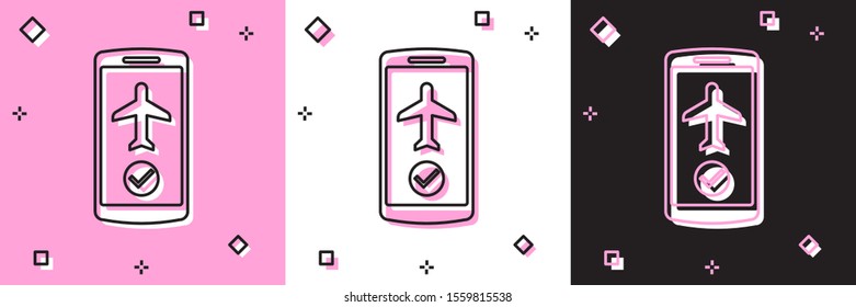 Set Flight mode in the mobile phone icon isolated on pink and white, black background. Airplane or aeroplane flight offline mode passenger regulation airline .  Vector Illustration