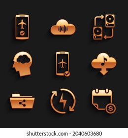 Set Flight mode in the mobile, Recharging, Financial calendar, Cloud download music, Share folder and Head silhouette with cloud icon. Vector