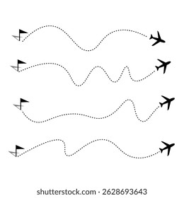 Conjunto de iconos de ruta de vuelo con diseño de Vector de ruta de viaje de bandera de avión y destino