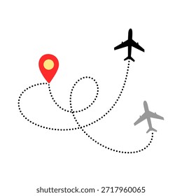 conjunto de ícones da trajetória de voo com localização do pino do avião e do mapa de destino