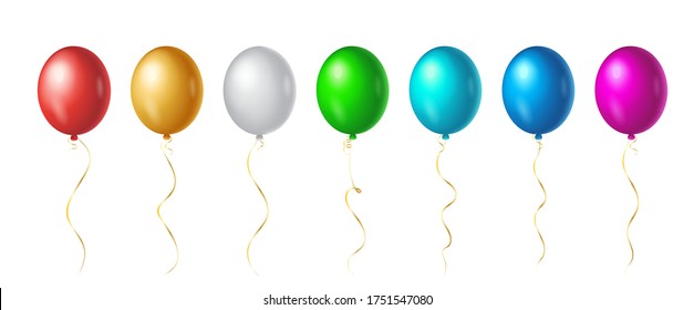 Set of flight up rainbow color helium balloons on white background. Realistic colorful design elements in red, white, golden, green, blue, pink. Vector Illustration