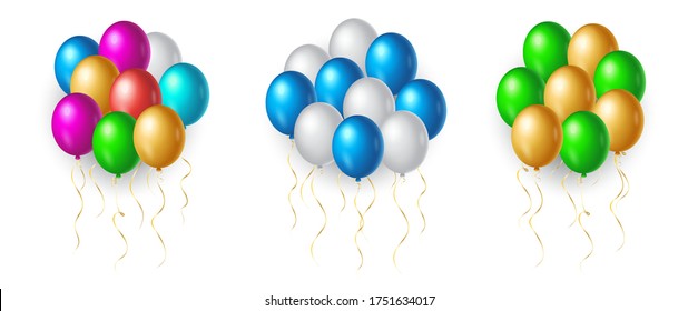 Set of flight up rainbow color helium balloons on white background. Realistic colorful design elements in red, white, golden, green, blue, pink. Vector Illustration