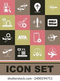 Set Flight time, Globe with flying plane, Liquids carry-on baggage, Plane, No scissors, Scale suitcase, Lost and  icon. Vector