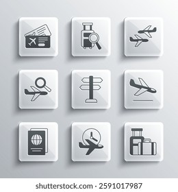 Set Flight time, Suitcase, Plane landing, Road traffic sign, Passport, Airplane search, Airline ticket and  icon. Vector