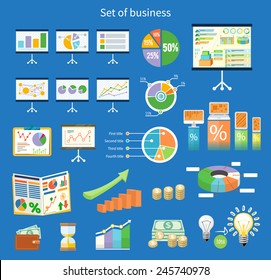 Set of flip chart with drawing business charts. Tripod stand with charts and parameters. Business concept of analytics in flat design style