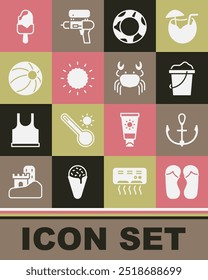 Set Flip flops, Anchor, Sand in bucket, Rubber swimming ring, Sun, Beach ball, Ice cream and Crab icon. Vector