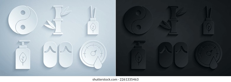 Set Flip flops, Aroma diffuser, Essential oil bottle, Sauna thermometer, Bamboo and Yin Yang icon. Vector