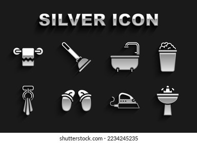 Set Flip flops, Bucket with soap suds, Washbasin water tap, Electric iron, Towel hanger, Bathtub,  and Rubber plunger icon. Vector