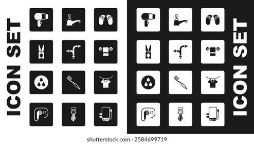 Set Flip flops, Industry metallic pipe, Clothes pin, Hair dryer, Towel on hanger, Water tap, Drying clothes and drop icon. Vector