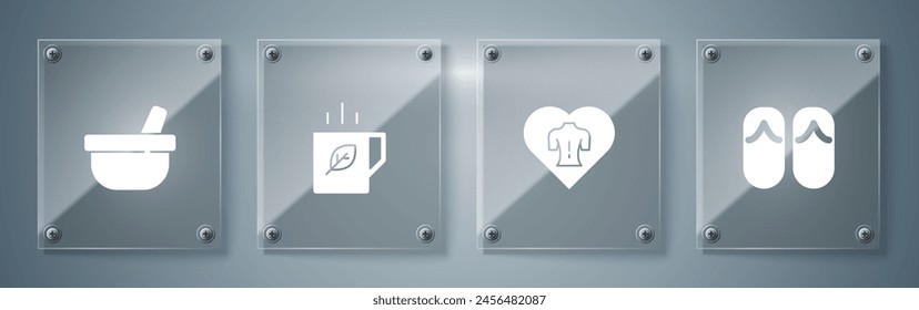 Set Flip flops, Massage, Cup of tea and leaf and Mortar pestle. Square glass panels. Vector