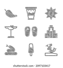 Set Flip flops, Popsicle ice cream, Cactus, Chichen Itza in Mayan, Snake, Margarita cocktail, Sun and Hot chili pepper pod icon. Vector