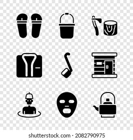 Set Flip flops, Sauna bucket, Wooden axe in stump, Man the sauna, Facial cosmetic mask, Kettle with handle, Bathrobe and ladle icon. Vector