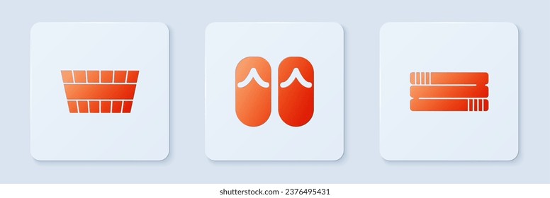 Set Flip flops, Sauna bucket and Towel stack. White square button. Vector