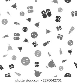 Set Flip flops, Sauna hat, Essential oil bottle and Yin Yang on seamless pattern. Vector