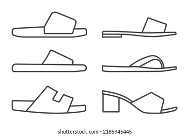 set of flip flops, slippers, summer woman footwear outline icons- vector illustration